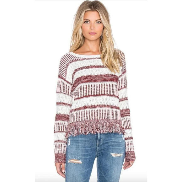 MINKPINK Womens Size XS Sunday Frills Fringe Sweater Top in Maroon & White Boho - Picture 1 of 16